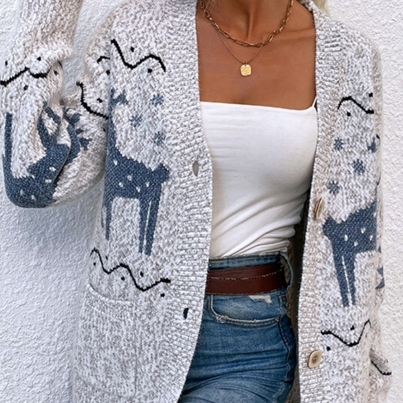 Christmas Reindeer Button Down Cardigan Sweater - Picture 3 of 6